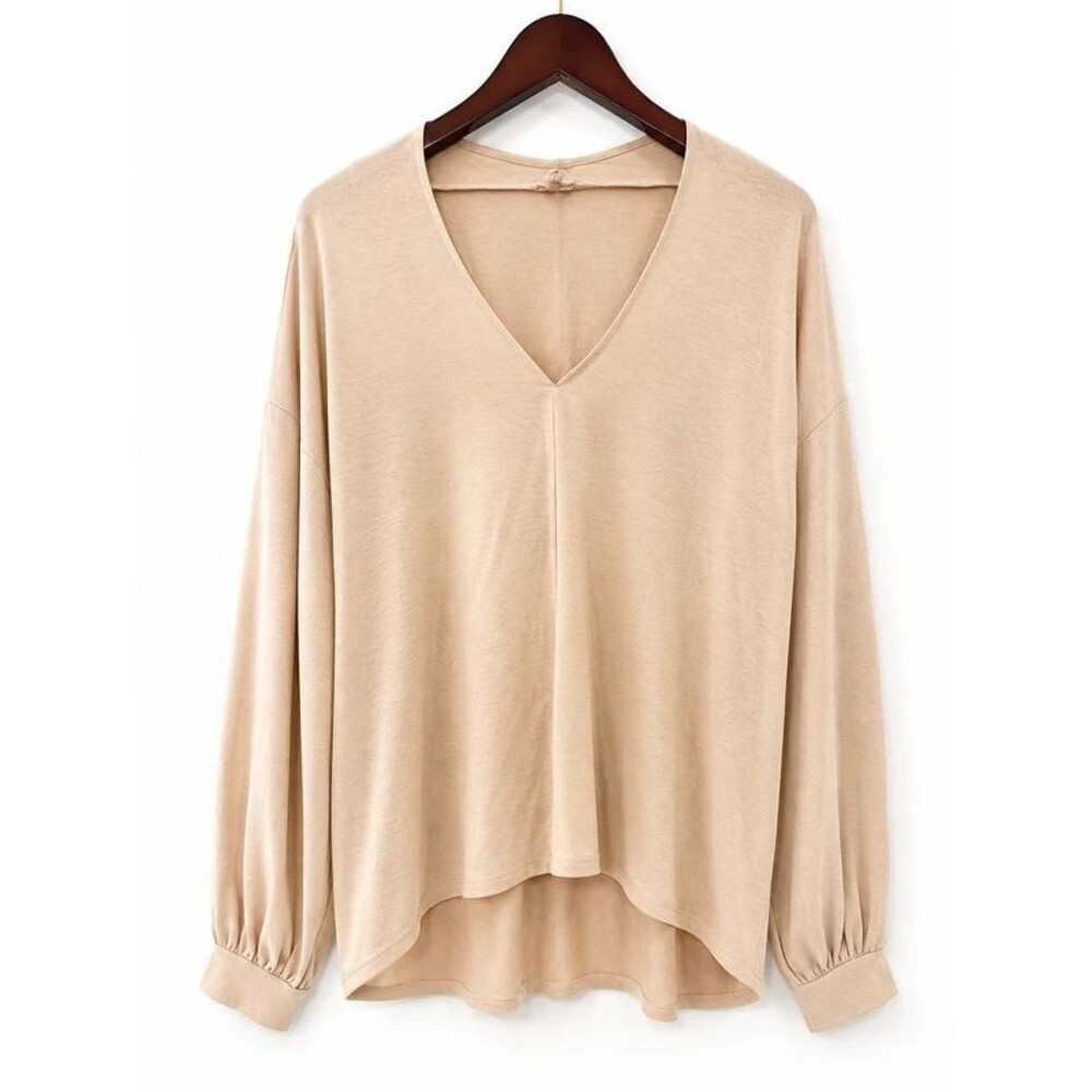 Jodifl Beige Oversized V-Neck Long Sleeve Blouse XL